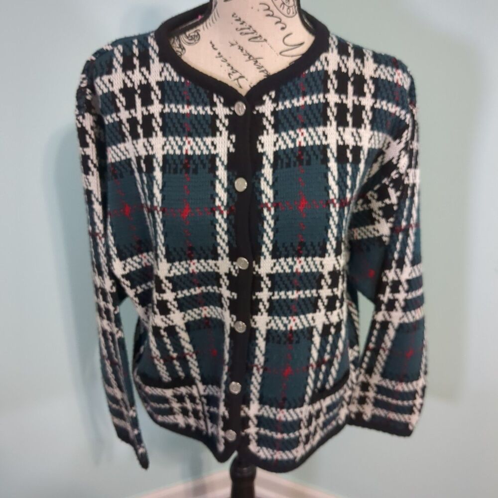 Tally-Ho Women's Acrylic Tartan Plaid Cardigan Sweater large Silver Buttons prep